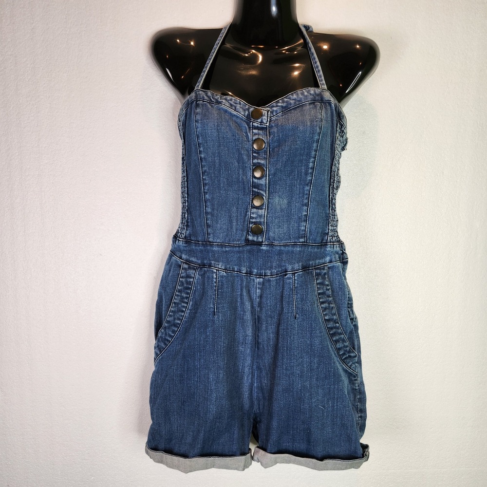 H&M Denim Halter Romper Button Front Smocked Waist Y2K Festival Size 10